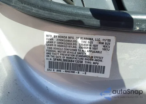 2006 Honda Odyssey Ex-L from USA, damaged, VIN 5FNRL38656B413258